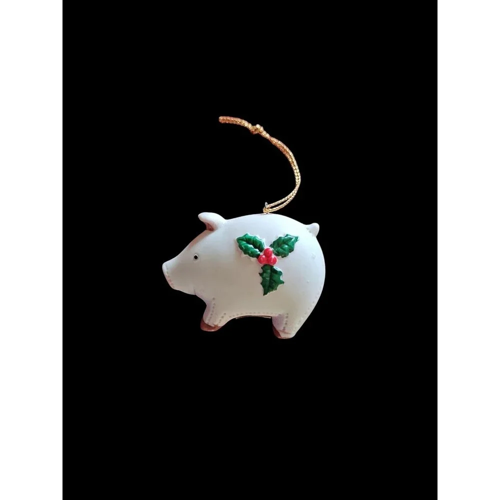 Homco Pink Porcelain pig with holly on side  Christmas ornament